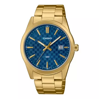 CASIO MTPVD03G2AUDF Vyriškas analoginis laikrodis, 45mm nerūdijančio plieno korpusas, mėlynas ciferblatas, auksinė apyrankė, 50m atsparumas vandeniui