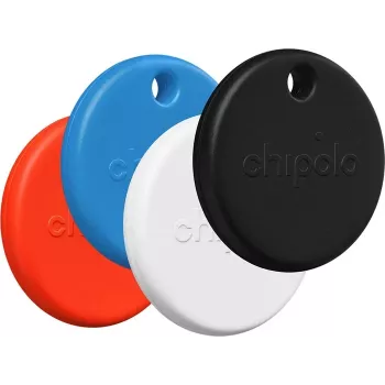 „Chipolo POP“ – „Bluetooth“ sekiklis su keičiama baterija, skirtas „iOS“ ir „Android“, 4 vnt. rinkinys – juoda, balta, raudona, mėlyna