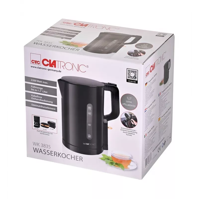 Clatronic WK 3835 Belaidis Elektrinis Virdulys 1,7 L 2200 W Juodas Plastikas