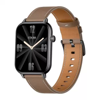 COLMI C28 Smartwatch – Juodas korpusas + Ruda odinė juosta