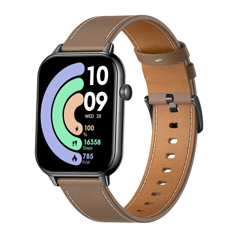 COLMI C28 Smartwatch – Juodas korpusas + Ruda odinė juosta