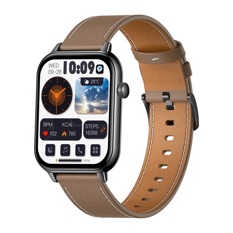 COLMI C28 Smartwatch – Juodas korpusas + Ruda odinė juosta