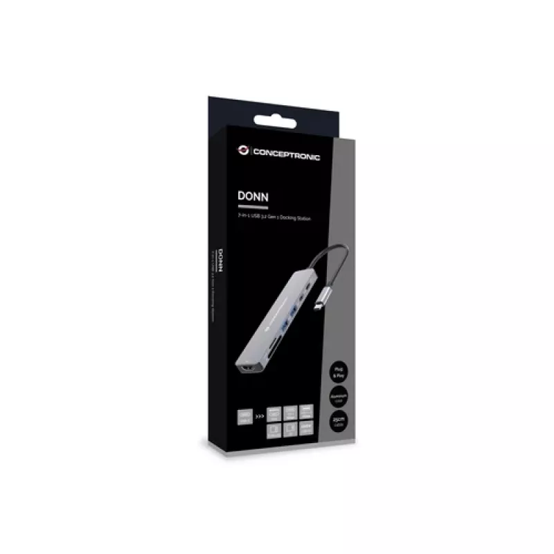 CONCEPTRONIC 7-in-1 USB-C Docking Station su HDMI, USB-C PD, 2x USB-A, SD ir MicroSD kortelių skaitytuvais, 25 cm kabeliu, Space Grey