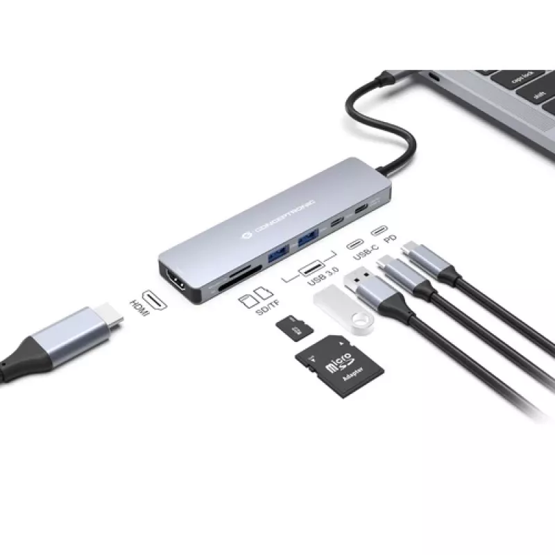 CONCEPTRONIC 7-in-1 USB-C Docking Station su HDMI, USB-C PD, 2x USB-A, SD ir MicroSD kortelių skaitytuvais, 25 cm kabeliu, Space Grey