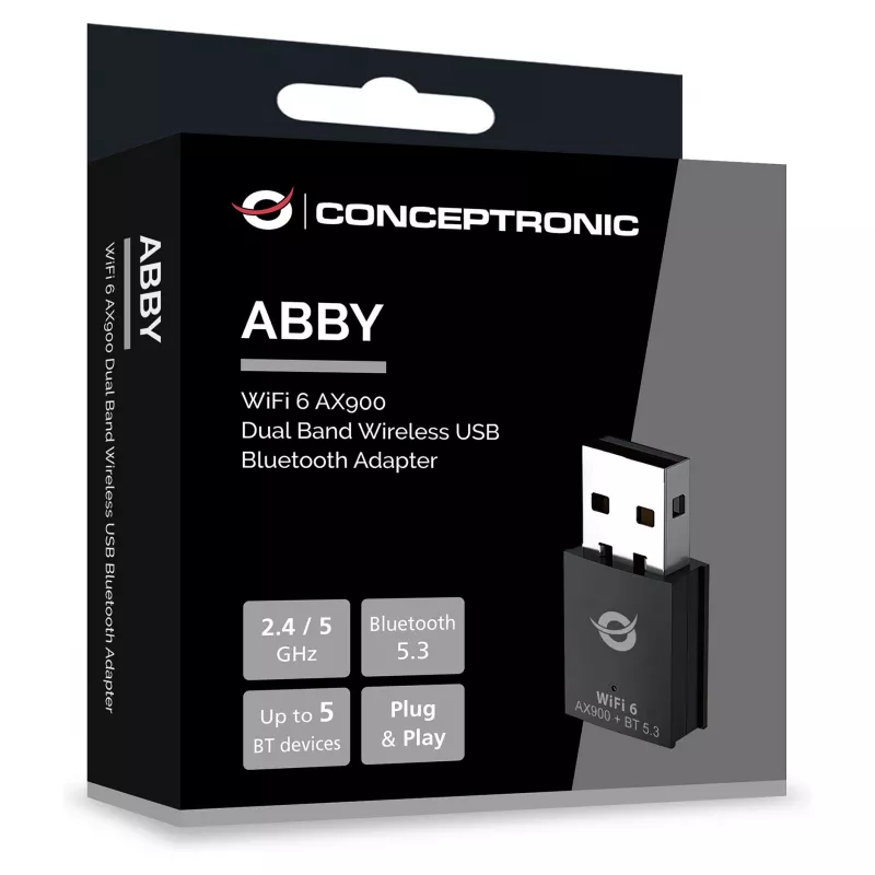 Conceptronic ABBY26B WiFi 6 AX900 Dual Band USB & Bluetooth 5.3 adapteris