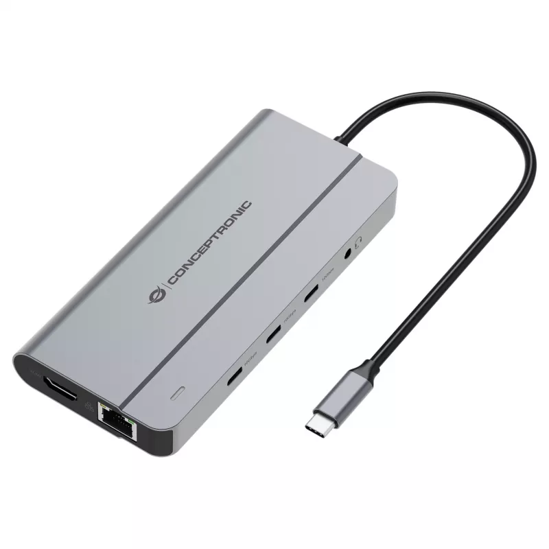 Conceptronic DONN34G 10-in-1 USB 3.2 Gen 2 MST dokas, 4K60Hz HDMI, 8K30Hz DisplayPort, GbE, USB-C 10Gbps x 3, USB-A 480Mbps x 2, Audio, 100W USB PD