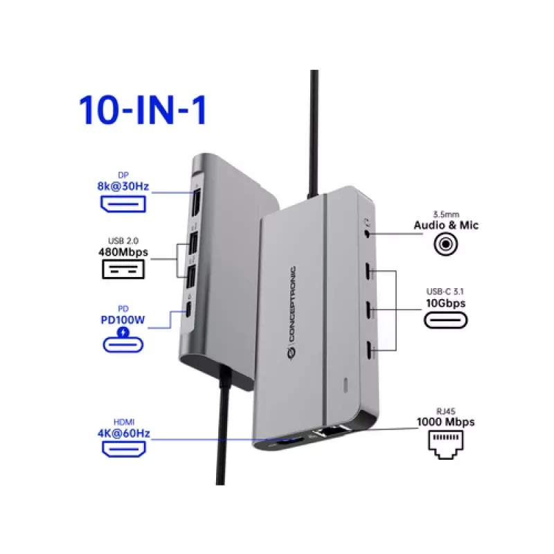 Conceptronic DONN34G 10-in-1 USB 3.2 Gen 2 MST dokas, 4K60Hz HDMI, 8K30Hz DisplayPort, GbE, USB-C 10Gbps x 3, USB-A 480Mbps x 2, Audio, 100W USB PD