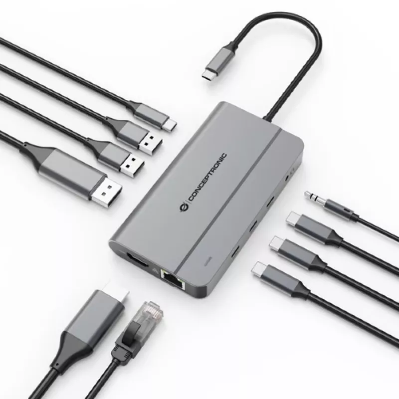 Conceptronic DONN34G 10-in-1 USB 3.2 Gen 2 MST dokas, 4K60Hz HDMI, 8K30Hz DisplayPort, GbE, USB-C 10Gbps x 3, USB-A 480Mbps x 2, Audio, 100W USB PD