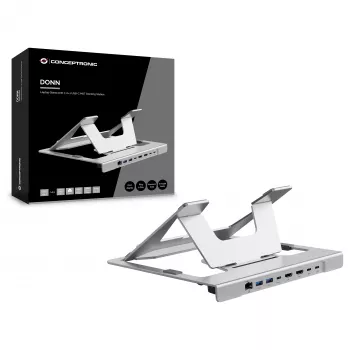 Conceptronic DONN35S Laptop stovas su 7-in-1 USB-C doko stotele, Dual HDMI 4K60Hz, GbE, USB-C 5Gbps, 2x USB-A, 100W PD, sidabrinis