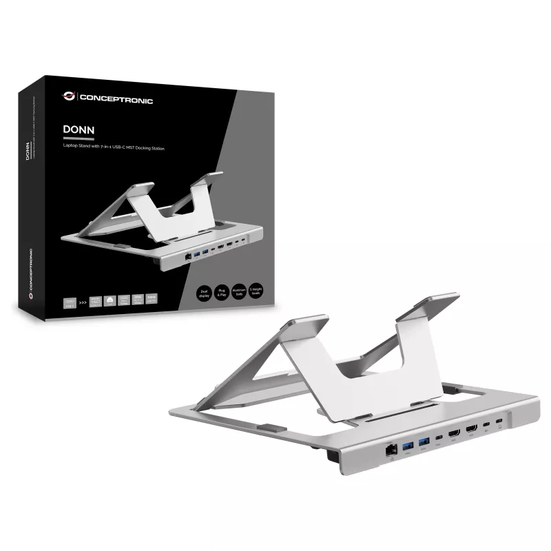 Conceptronic DONN35S Laptop stovas su 7-in-1 USB-C doko stotele, Dual HDMI 4K60Hz, GbE, USB-C 5Gbps, 2x USB-A, 100W PD, sidabrinis