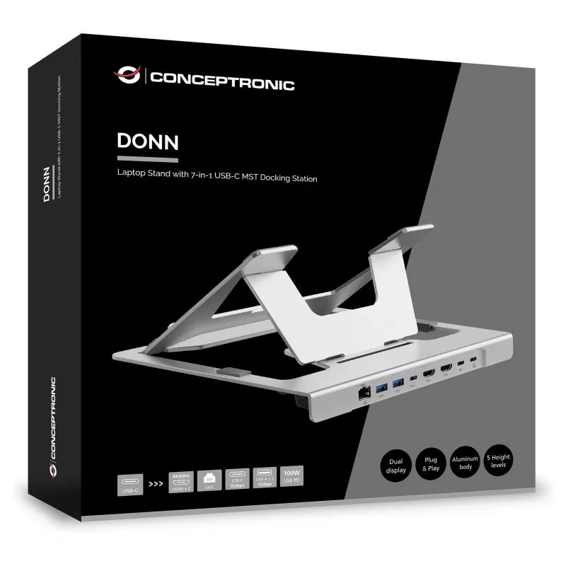 Conceptronic DONN35S Laptop stovas su 7-in-1 USB-C doko stotele, Dual HDMI 4K60Hz, GbE, USB-C 5Gbps, 2x USB-A, 100W PD, sidabrinis