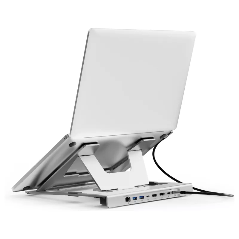 Conceptronic DONN35S Laptop stovas su 7-in-1 USB-C doko stotele, Dual HDMI 4K60Hz, GbE, USB-C 5Gbps, 2x USB-A, 100W PD, sidabrinis