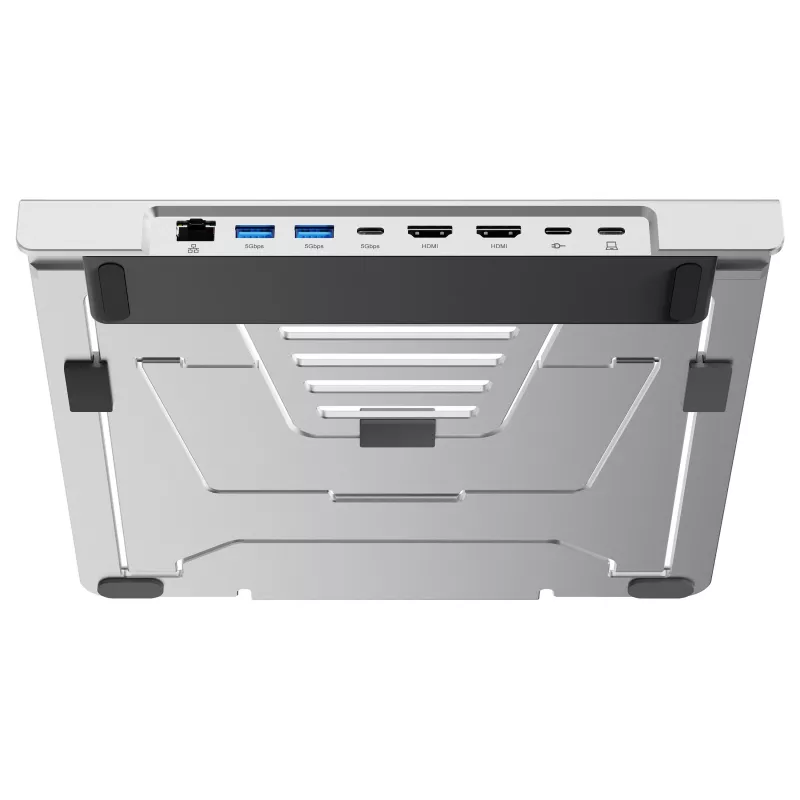 Conceptronic DONN35S Laptop stovas su 7-in-1 USB-C doko stotele, Dual HDMI 4K60Hz, GbE, USB-C 5Gbps, 2x USB-A, 100W PD, sidabrinis