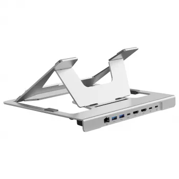 Conceptronic DONN35S Laptop stovas su 7-in-1 USB-C doko stotele, Dual HDMI 4K60Hz, GbE, USB-C 5Gbps, 2x USB-A, 100W PD, sidabrinis