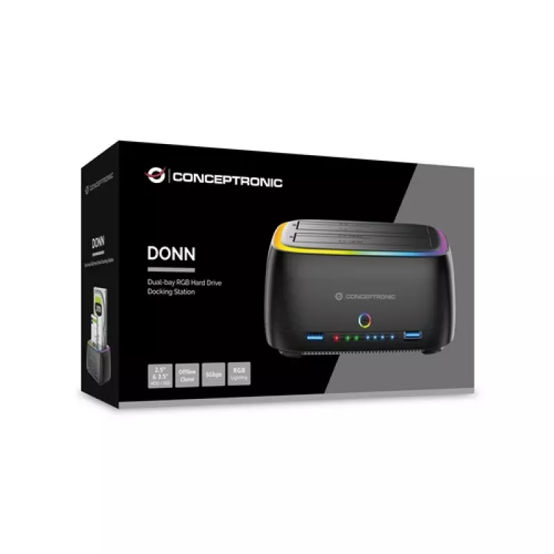 Conceptronic DONN36B 2-jų diskų SATA HDD/SSD dokų stotelė, USB 3.0, 2x USB-A, juoda