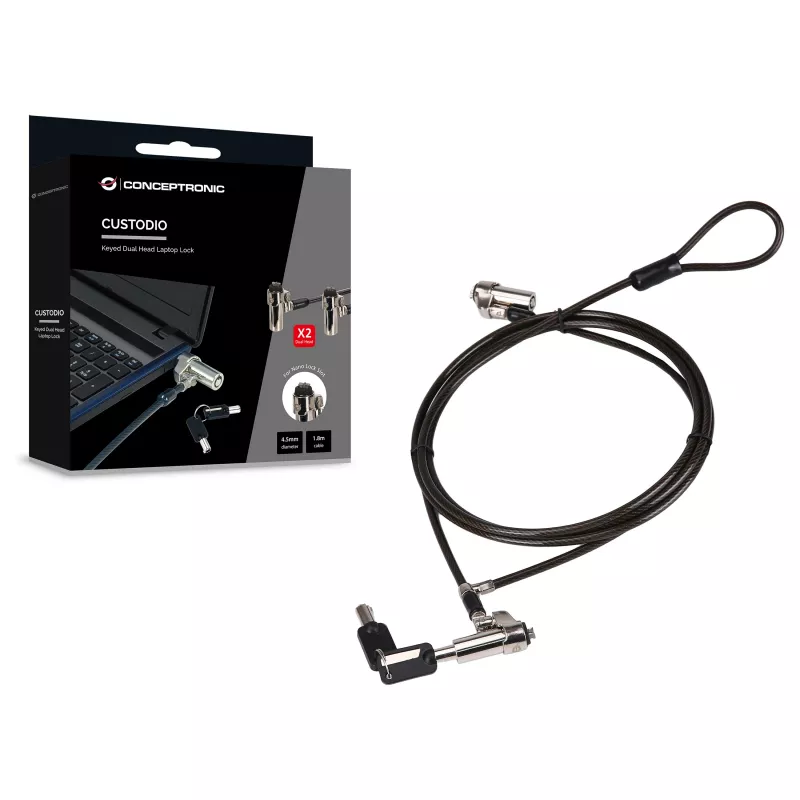 Conceptronic NBT Nano-Lock Dual nešiojamojo kompiuterio spyna su kodu, 4 skaitmenų, 1.8 m plieninis trosas, juoda/sidabrinė
