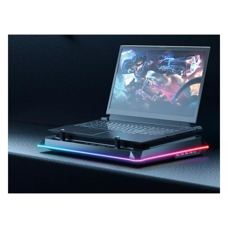Conceptronic THYIA04B USB-C aušinimo padėklas nešiojamam kompiuteriui su telefono laikikliu, 130 mm, dvigubi 125 mm ventiliatoriai, mėlynas LED, iki 17 inch