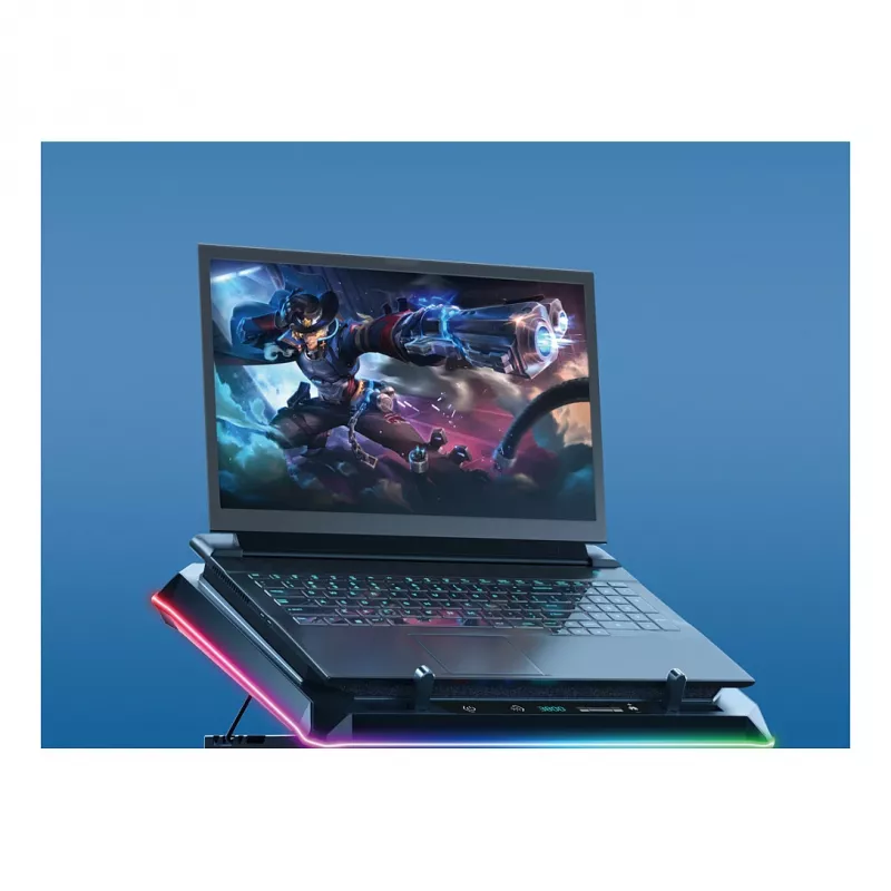 Conceptronic THYIA04B USB-C aušinimo padėklas nešiojamam kompiuteriui su telefono laikikliu, 130 mm, dvigubi 125 mm ventiliatoriai, mėlynas LED, iki 17 inch