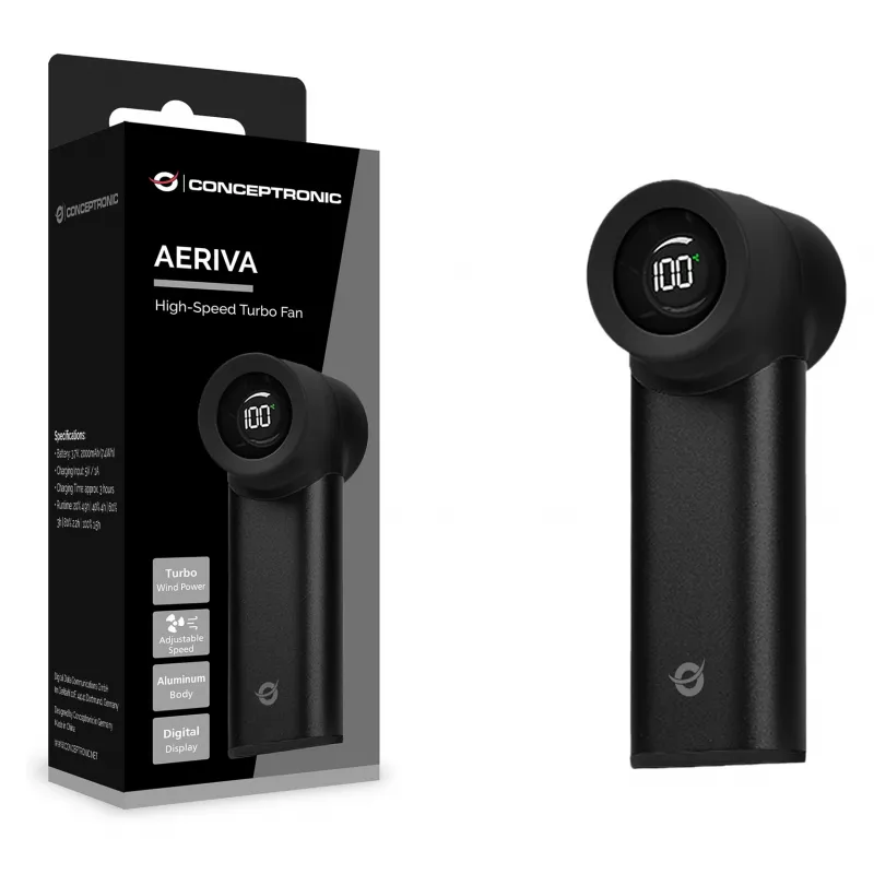 CONCEPTRONIC Turbo Rankinis Ventiliatorius Juodas USB-C į USB-A Aliuminis 5V 3 Greičiai Įkraunamas 2000mAh