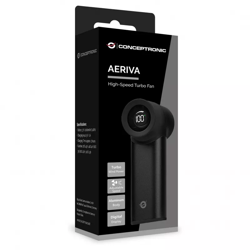 CONCEPTRONIC Turbo Rankinis Ventiliatorius Juodas USB-C į USB-A Aliuminis 5V 3 Greičiai Įkraunamas 2000mAh