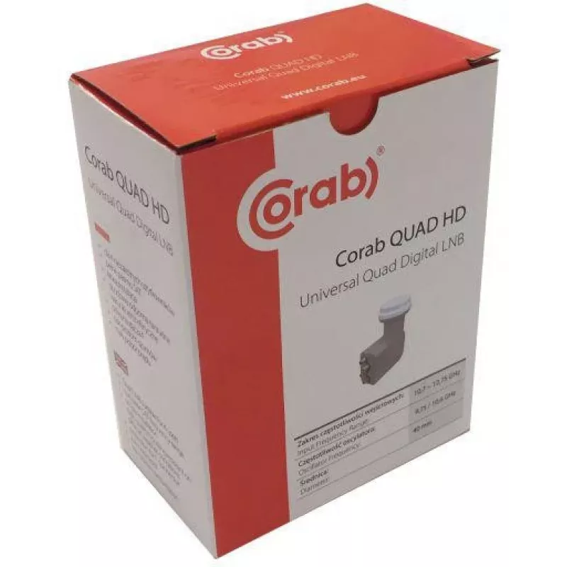 CORAB Universal Quad LNB – 4 išėjimai, 0,1 dB triukšmo rodiklis, 40 mm švitintuvas
