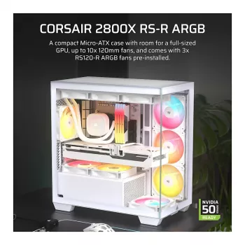 CORSAIR 2800X RS-R ARGB Micro-ATX Dual Chamber Cube Case, White, su panoraminiu grūdintu stiklu ir 2x LL120 RGB ventiliatoriais