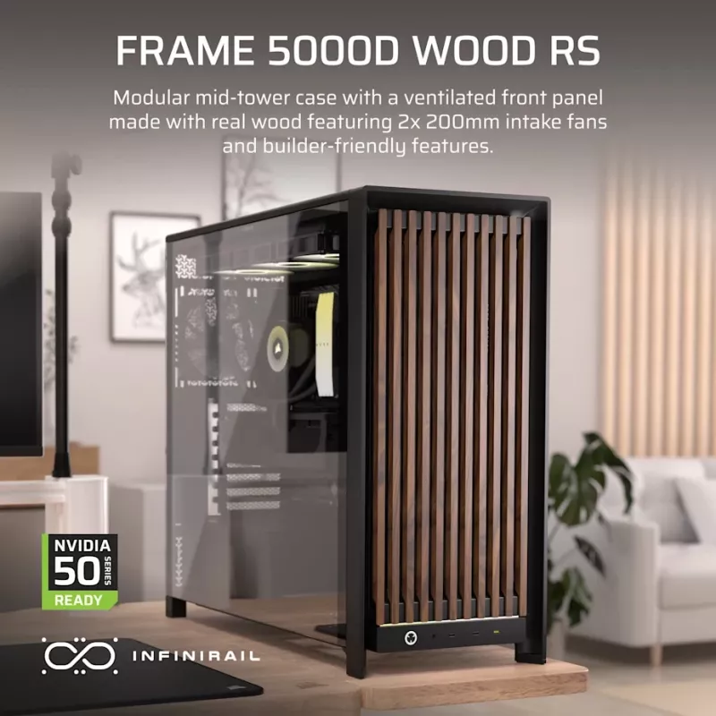 Corsair FRAME 5000D WOOD RS Vidutinis Bokštas Kompiuterio Korpusas, Juodas/Riešutmedis, E-ATX, ATX, Micro-ATX, Mini-ITX, Plienas/Grūdintas Stiklas/Plastikas/Riešutmedžio Mediena, Žaidimams