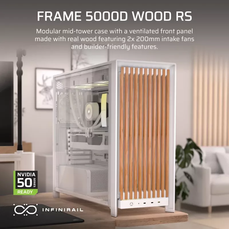 Corsair FRAME 5000D WOOD RS Mid-Tower PC Case, White/Walnut, Tempered Glass, ATX, E-ATX, Micro-ATX, Mini-ITX, Steel/Plastic, Gaming