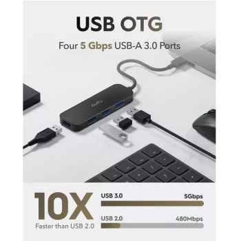 Cudy UH40A PortMate USB-A į 4 prievadų USB 3.0 šakotuvas 5Gbps Tik duomenims Plastikinis Kompaktiškas Juodas