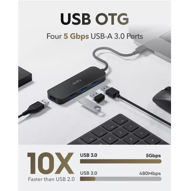 Cudy UH40A PortMate USB-A į 4 prievadų USB 3.0 šakotuvas 5Gbps Tik duomenims Plastikinis Kompaktiškas Juodas