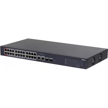 DAHUA CS4226-24ET-375 26 prievadų Layer 2+ valdomas PoE+ komutatorius su 24 Gigabit PoE+ prievadais, 2 SFP uplinkais, 375W biudžetu, be ventiliatoriaus, tinkamas montuoti į stelažą