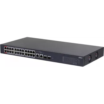 DAHUA CS4226-24ET-375 26 prievadų Layer 2+ valdomas PoE+ komutatorius su 24 Gigabit PoE+ prievadais, 2 SFP uplinkais, 375W biudžetu, be ventiliatoriaus, tinkamas montuoti į stelažą
