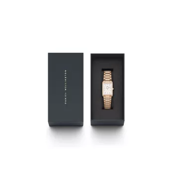 DANIEL WELLINGTON Quadro Moteriškas Laikrodis 32mm Rožinis Auksas Nerūdijantis Plienas Juoda Oda