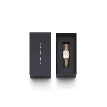 DANIEL WELLINGTON Quadro Moteriškas Laikrodis DW00100669 - 20 mm Rožinio Aukso Korpusas, Juodas Odinis Dirželis