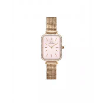 DANIEL WELLINGTON Quadro Moteriškas Laikrodis DW00100669 - 20 mm Rožinio Aukso Korpusas, Juodas Odinis Dirželis