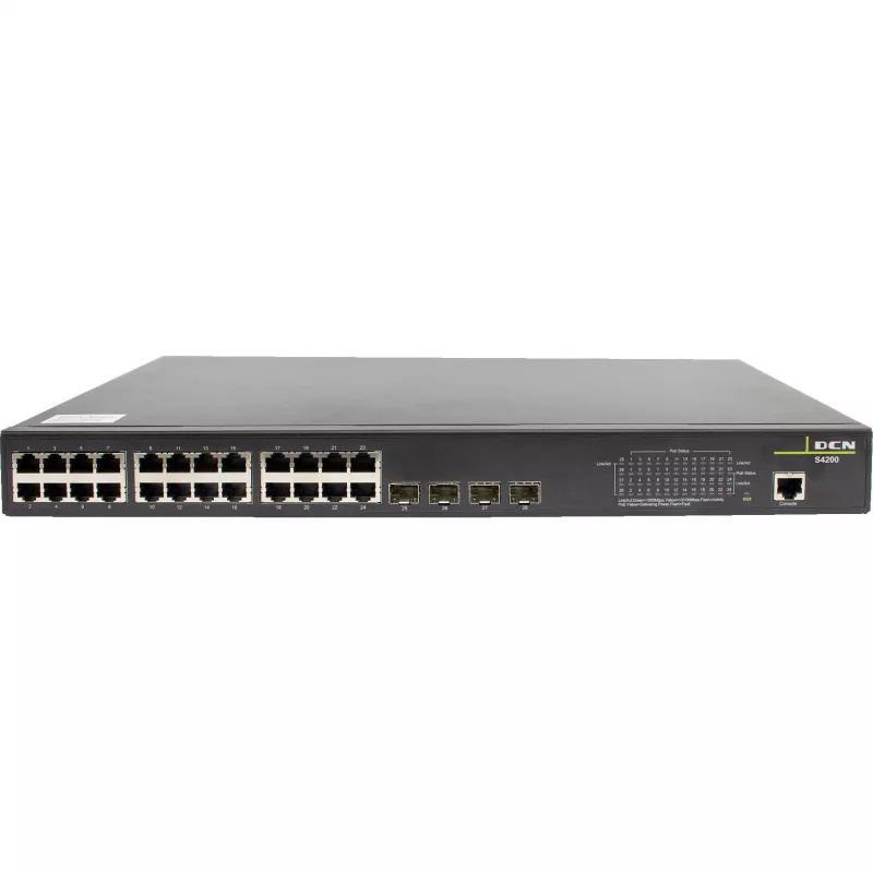 DCN S4200-28P-PL-SI-R2 valdomas Layer 2 PoE+ jungiklis, 24x Gigabit PoE+ prievadai, 4x SFP, 200W