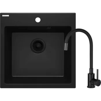 DEANTE Granite Composite Kitchen Sink with Single-Lever Chrome Faucet, 1 Bowl, Black, 780x435 mm