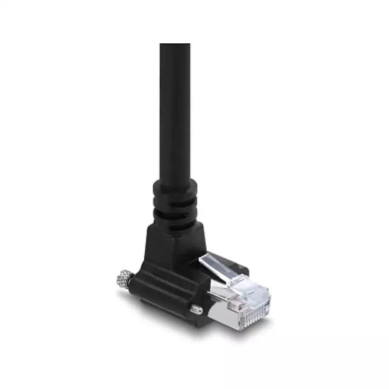Delock 4m GigE kameros kabelis Cat.6 S/FTP RJ45 90° kampinis užsukamas užraktas į RJ45 tiesus - juodas