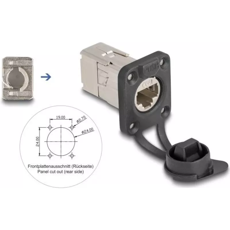 Delock D-Type RJ45 skydinis lizdas Cat.6A STP su LSA prijungimu ir IP66 apsauginiu dangteliu