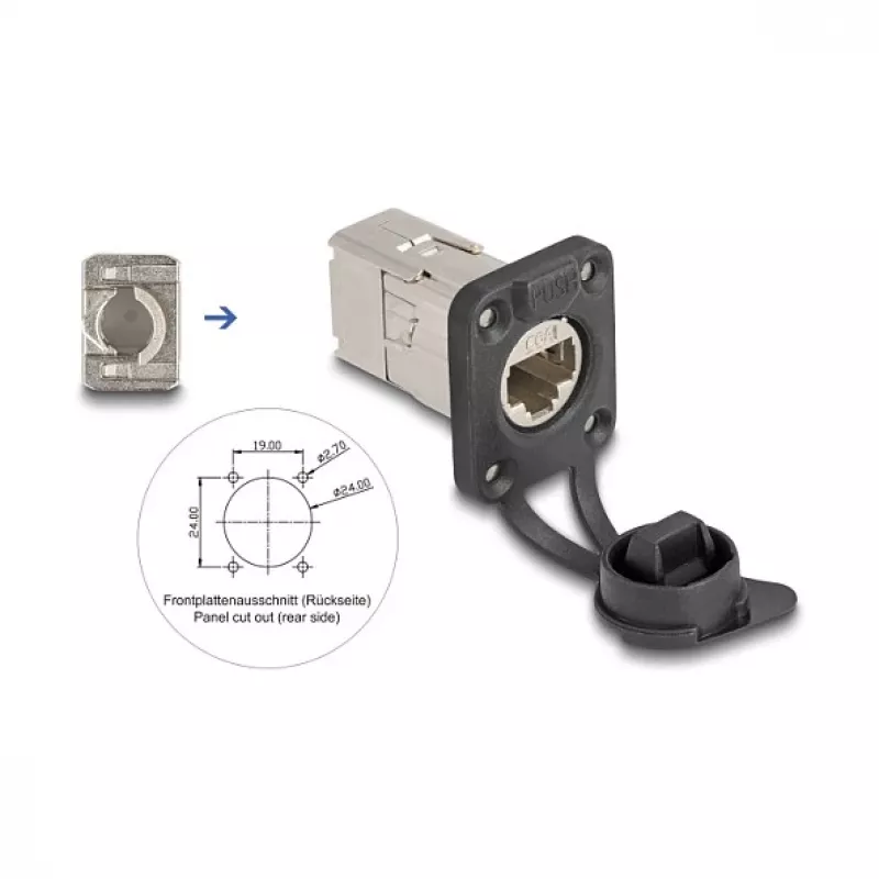 Delock D-Type RJ45 skydinis lizdas Cat.6A STP su LSA prijungimu ir IP66 apsauginiu dangteliu