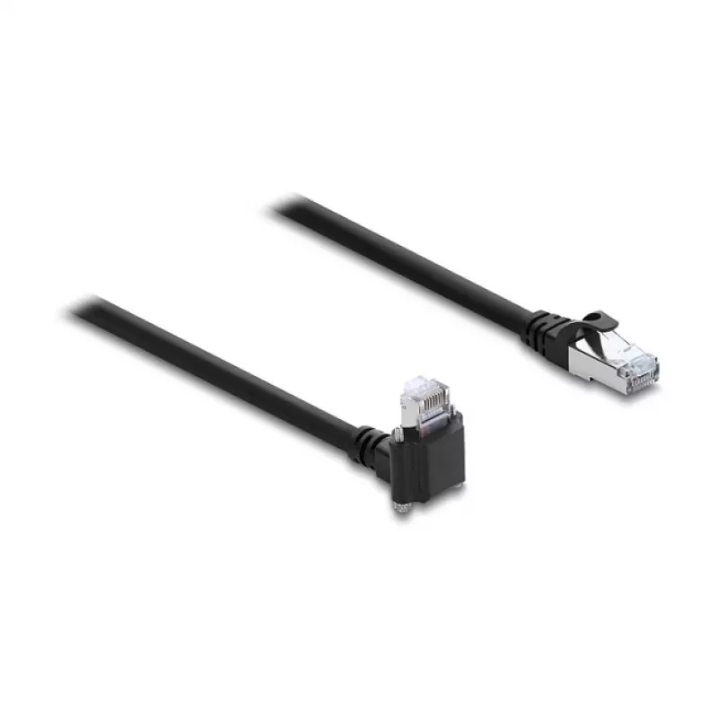 Delock GigE kameros kabelis Cat.6 S/FTP 3m, RJ45 90° kampinė jungtis su varžtais (28mm) į RJ45 tiesią jungtį, juodas