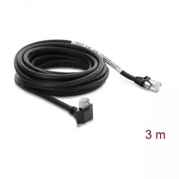 Delock GigE kameros kabelis Cat.6 S/FTP 3m, RJ45 90° kampinė jungtis su varžtais (28mm) į RJ45 tiesią jungtį, juodas