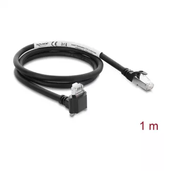Delock GigE kameros laidas RJ45 vyriškas 90° kampu su varžtais, 28 mm jungties ilgis į RJ45 vyrišką Cat.6 S/FTP 1 m juodas