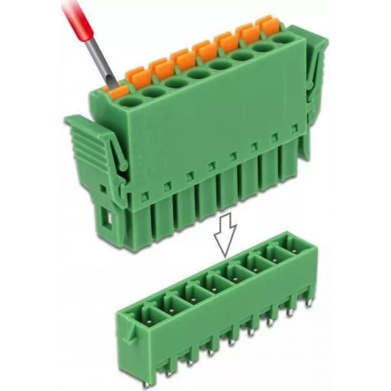 Delock PCB gnybtų blokų rinkinys 8 kontaktų 3,81 mm žingsniu vertikalus žalias (10 vienetų) 65974