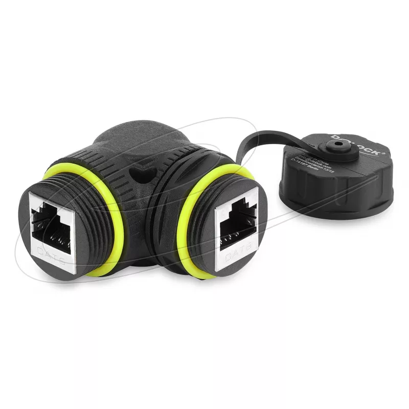 Delock RJ45 Movėja Cat.6 Moteriška į Moterišką su M23 x 1.5 mm Sriegiu ir Apsauginiu Dangteliu, 90° Kampu, IP68, Juoda