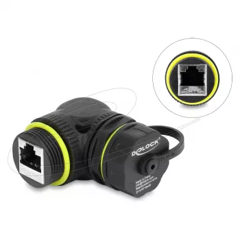 Delock RJ45 Movėja Cat.6 Moteriška į Moterišką su M23 x 1.5 mm Sriegiu ir Apsauginiu Dangteliu, 90° Kampu, IP68, Juoda