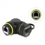 Delock RJ45 Movėja Cat.6 Moteriška į Moterišką su M23 x 1.5 mm Sriegiu ir Apsauginiu Dangteliu, 90° Kampu, IP68, Juoda
