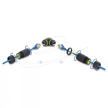 Delock RJ45 lizdas į RJ45 lizdą Cat.6 jungtis su M23 x 1.5 mm sriegiu, 90° kampu, IP68 atspari dulkėms ir vandeniui, juoda