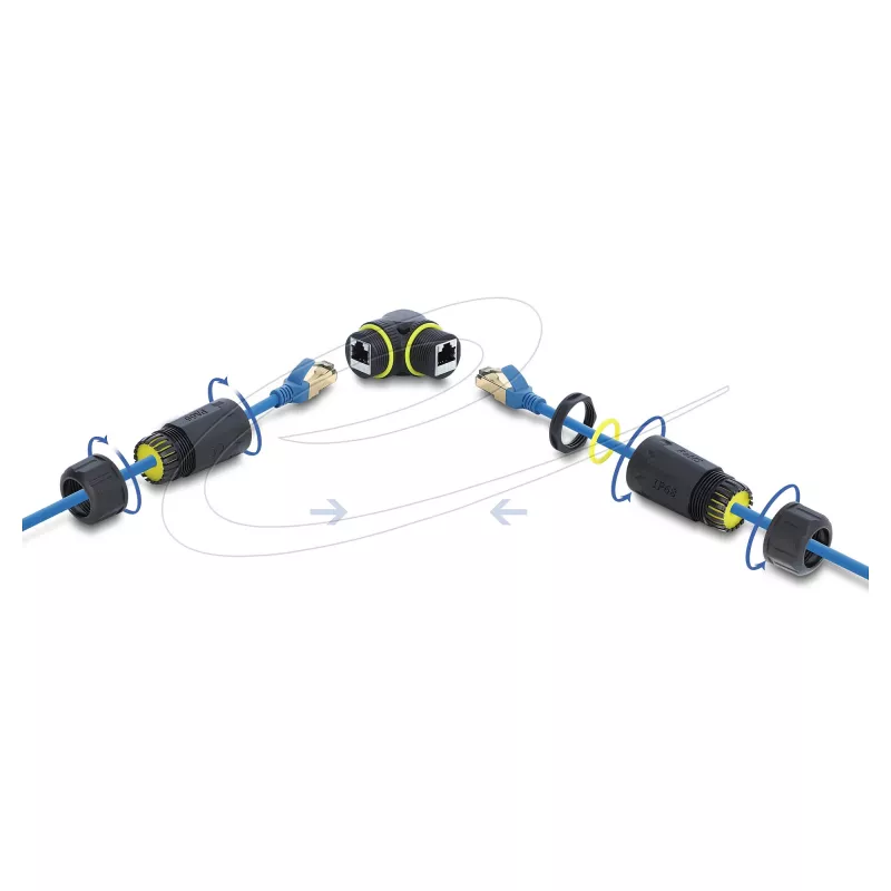 Delock RJ45 lizdas į RJ45 lizdą Cat.6 jungtis su M23 x 1.5 mm sriegiu, 90° kampu, IP68 atspari dulkėms ir vandeniui, juoda