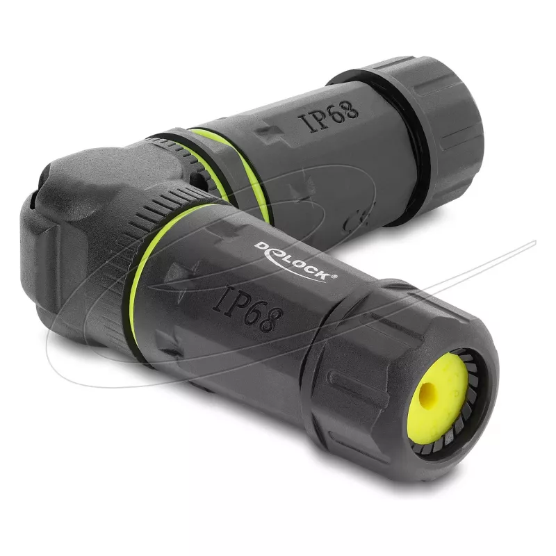 Delock RJ45 lizdas į RJ45 lizdą Cat.6 jungtis su M23 x 1.5 mm sriegiu, 90° kampu, IP68 atspari dulkėms ir vandeniui, juoda
